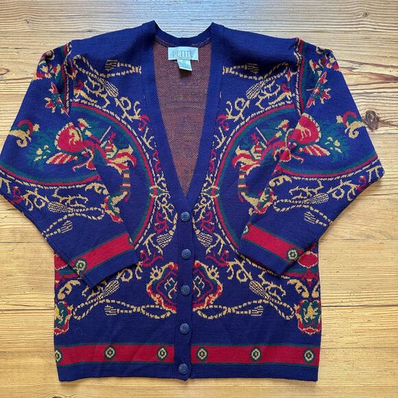 Petite Sophisticate vintage wool blend navy red regal button cardigan SIZE M - Picture 1 of 4